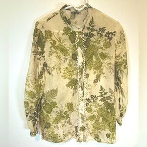 DIXIE HIGH ITALIAN FASHION HOUSE. Botanical Print Green and Cream Blouse